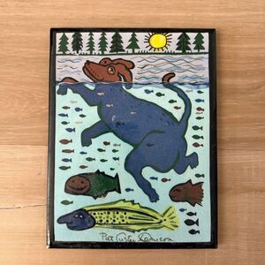Pat Custer Denison Hand Painted Ceramic Tile Dog Paddle Signed Folk Art Dopamine